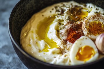Poster - A warm and inviting breakfast bowl filled with scrambled eggs, various spices, and unknown ingredients