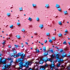 Poster - A colorful design featuring pink and blue sprinkles and stars on a pink background