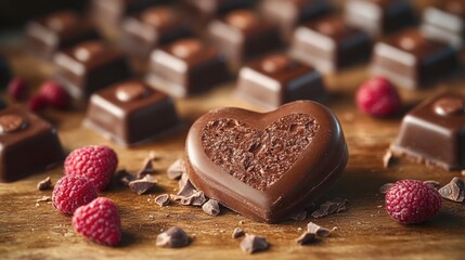Poster - A romantic gesture - a chocolate heart surrounded by fresh raspberries on a table, perfect for a special occasion or everyday delight