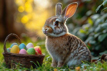 Poster - A rabbit sits next to a basket of eggs in a serene environment
