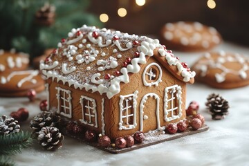 Poster - A decorated gingerbread house on a table