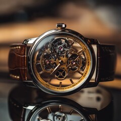 Poster - Luxury wristwatch featuring an intricate golden frame and a smooth leather strap displayed elegantly on a reflective surface. Generative AI