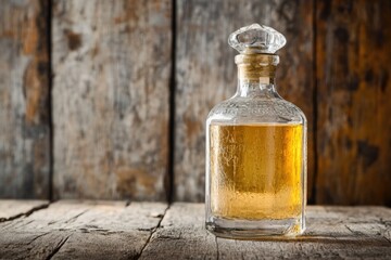 Poster - A bottle of alcohol sits alone on a wooden table, great for editorial and commercial use