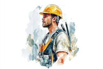 Poster - A watercolor illustration of a construction worker on the job site