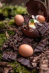 A single chocolate egg sits among other eggs in a natural nest