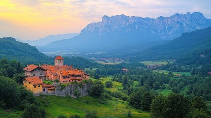 Poster - A medieval-style castle sits atop a lush green hill with rolling hills and possibly a village in the distance