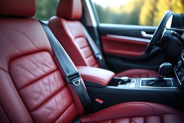 Poster - Close-up shot of a red leather car seat with stitching and details visible