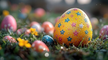 Poster - A close-up shot of an Easter egg lying on the grass, perfect for spring or holiday-themed designs