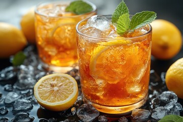 Poster - Freshly brewed iced tea served with sliced lemons and a sprig of mint