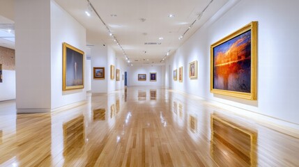 Poster - Elegant art gallery showcasing contemporary and classic works with polished wooden floors and vibrant lighting. Generative AI