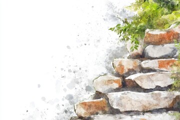 Poster - A serene watercolor landscape featuring rocks and trees in shades of blue and green