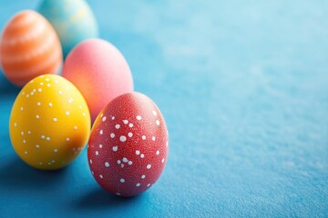 Poster - A collection of colorful Easter eggs on a blue background, perfect for spring and holiday-themed designs