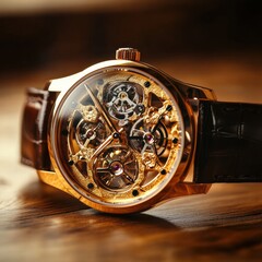 Poster - Luxury wristwatch featuring a golden frame and intricate craftsmanship showcased on a wooden surface in soft lighting. Generative AI