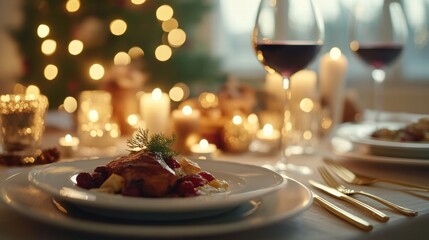 Poster - Luxurious dining table setting with gourmet dish and elegant ambiance during festive celebration in cozy atmosphere. Generative AI