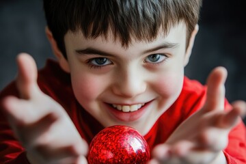 Wall Mural - A young boy proudly holds a shiny red ball, perfect for sports and outdoor activities