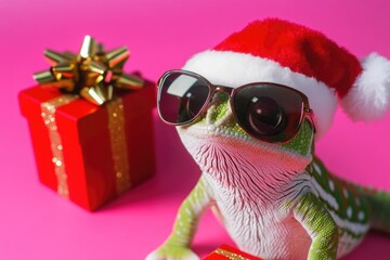 Poster - A reptile dressed as Santa Claus, complete with sunglasses