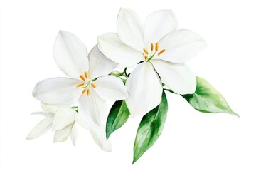 Poster - Three white flowers with green leaves on a plain background