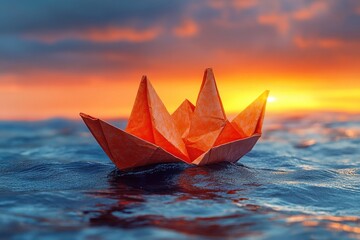 Aufkleber - A paper boat floats peacefully on the surface of calm water