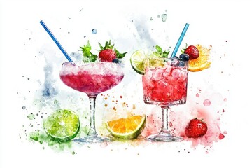 Poster - Watercolor illustration of two cocktails garnished with strawberries and limes