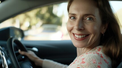 Poster - A woman is seen smiling while driving a car