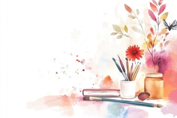 Poster - A beautiful watercolor illustration of a vase filled with colorful flowers and surrounded by pencils