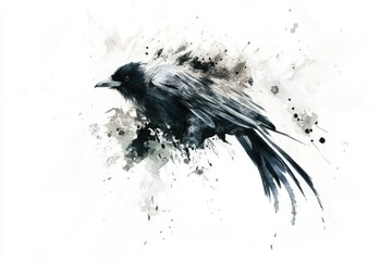 Poster - A close-up image of a black bird sitting on a white surface