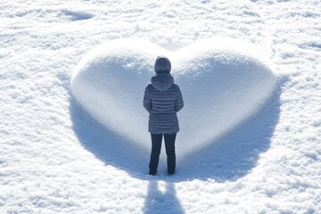 Poster - A person stands in the snow in front of a heart, perfect for winter scenes or romantic occasions