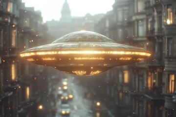 Aufkleber - A futuristic alien spacecraft flies above a cityscape at night