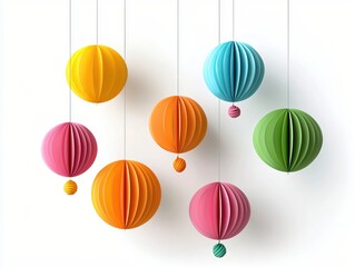 Poster - Bright and Colorful Paper Lanterns Hanging on White Background for Festive Decor