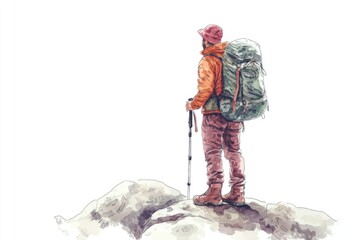 Poster - Man stands atop a mountain with his backpack, scenic view in the background
