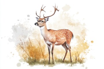 Poster - A watercolor painting of a deer standing in a green field, surrounded by wildflowers