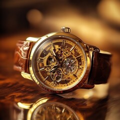 Aufkleber - Stunning golden wristwatch resting elegantly on a polished wooden surface in a well lit setting. Generative AI