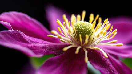 Poster - Vibrant Macro Shot of Pink Flower with Yellow Stamen Against Black Background