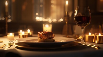 Poster - Luxurious dining experience with gourmet dish and elegant candlelight setting. Generative AI