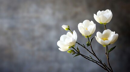 Poster - Elegant White Flowers with Soft Petals on a Subtle Gray Background in Natural Light