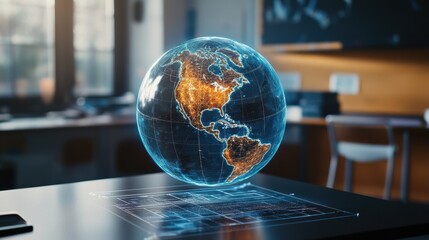 Poster - Holographic Globe Displaying North and South America in Classroom