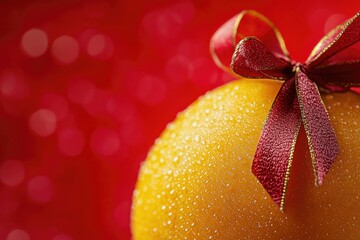 Poster - A bright orange fruit decorated with a red ribbon on a vibrant red backdrop, suitable for food or gift themes