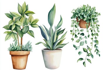 Poster - Three small potted plants arranged neatly on a white background
