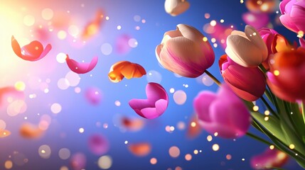Poster - Vibrant Tulips Surrounded by Colorful Petals in Soft Glowing Light
