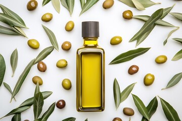 Poster - A bottle of olive oil surrounded by olives and leaves, suitable for use in food photography or as a decorative element