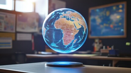 Poster - Floating 3D Globe of Africa in a Modern Classroom Setting
