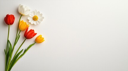 Poster - Colorful Tulips and Daisies on a Simple Background for Springtime Decoration