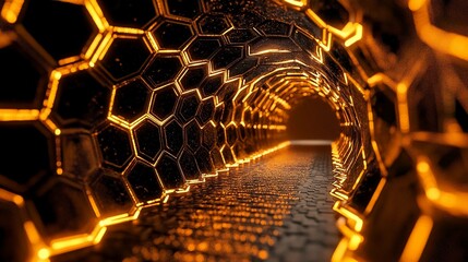 Poster - Tunnel made of glowing hexagons with textured ground leading forward. Generative AI