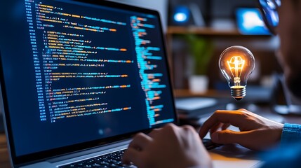Poster - innovative light bulb above laptop with coding screen for creative ideas