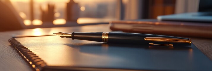 Aufkleber - Luxury fountain pen with gold accents resting on notebook during sunset in elegant workspace environment. Generative AI