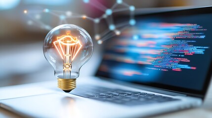 Poster - innovative light bulb above laptop with coding screen for creative ideas