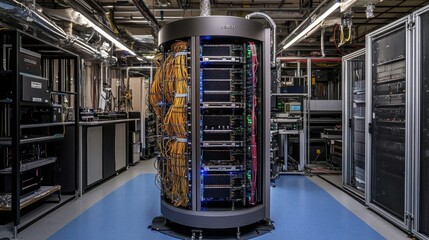 Poster - High-Tech Server Rack in Modern Data Center with Colorful Cables