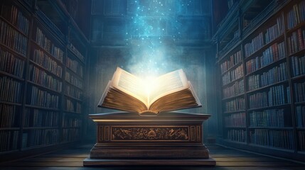 Poster - Enchanted Book Glowing in Mystical Library Setting at Night