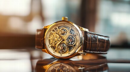 Aufkleber - Luxury wristwatch with golden frame resting on a polished surface in a stylish environment. Generative AI