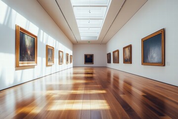 Poster - Luxurious art gallery featuring stunning artwork and elegant design during daytime with ample natural light. Generative AI